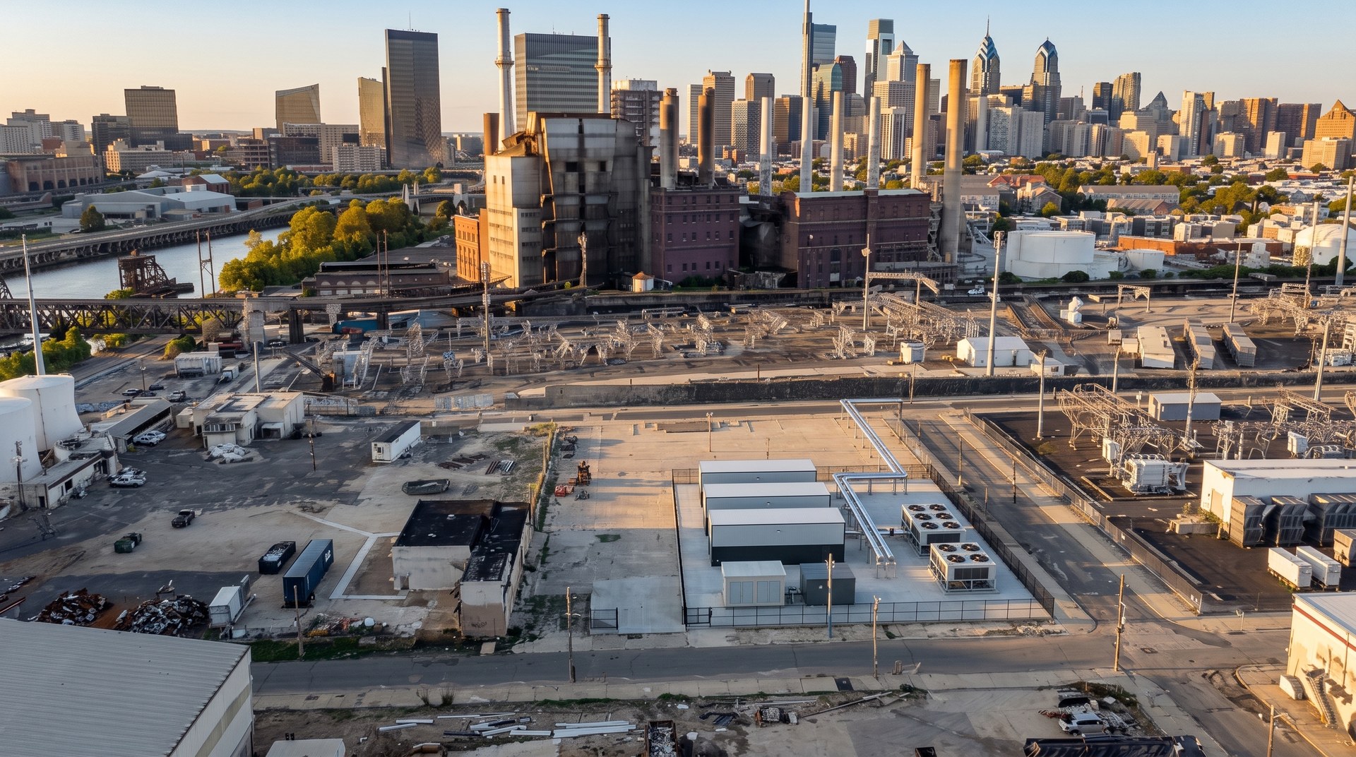 The compound on its slab with the Philadelphia skyline behind.