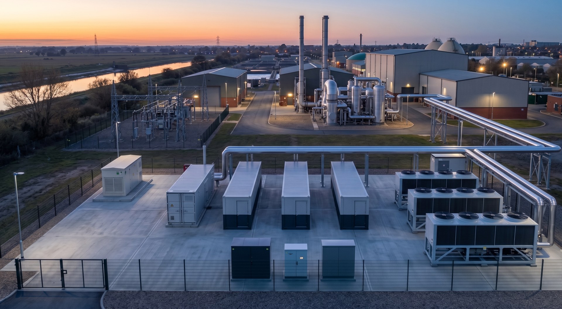 The compound beside digesters and a treatment plant at dusk.