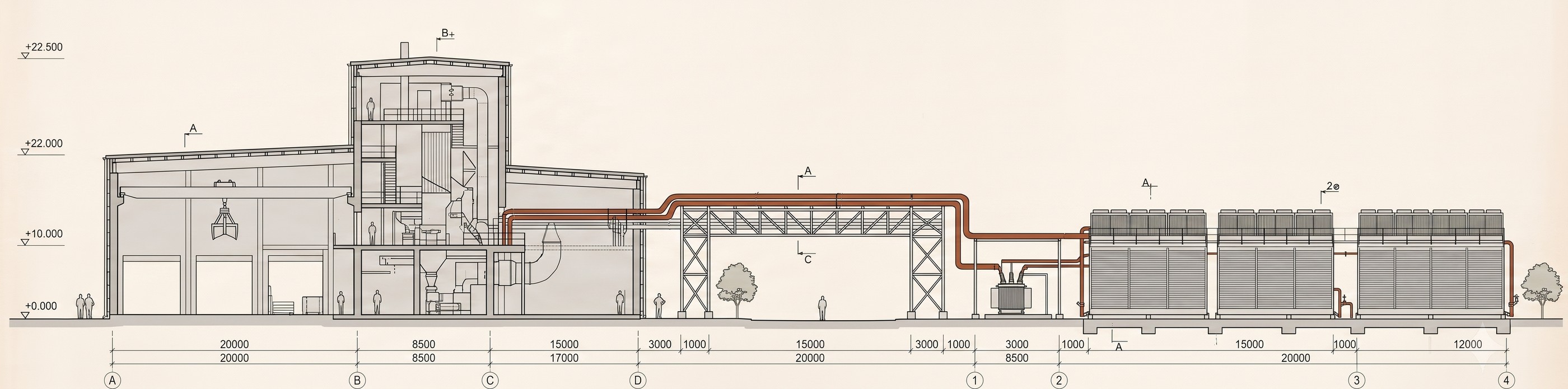 Section through the energy centre and plant room.