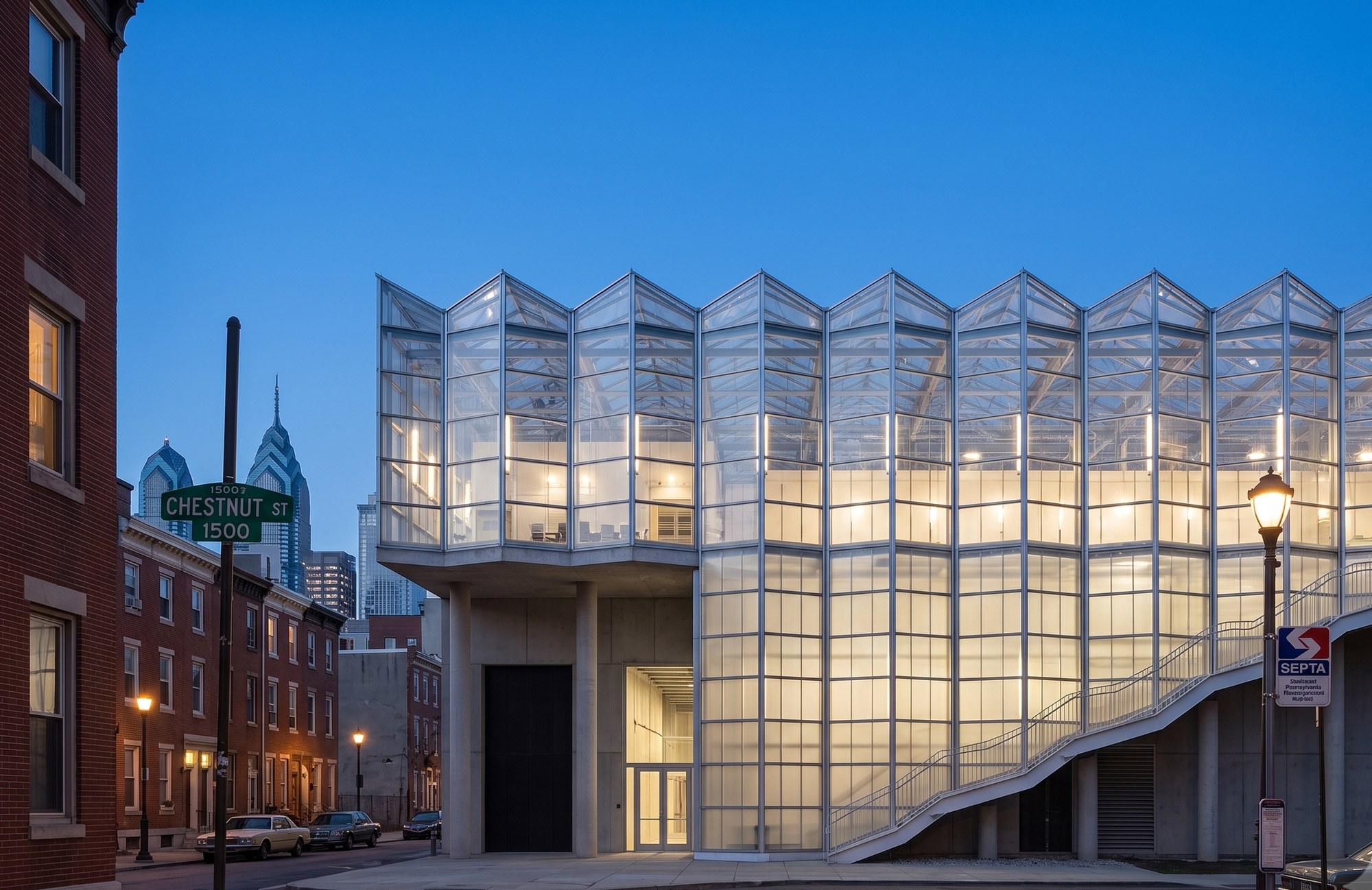 The Philadelphia site at dusk.